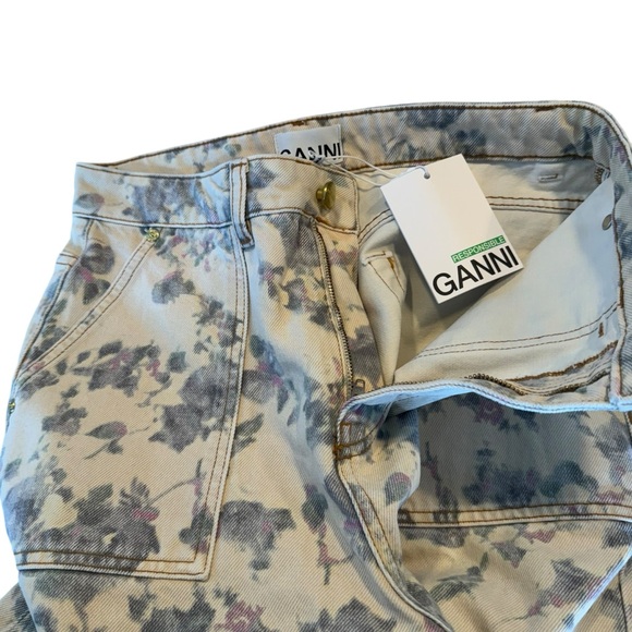 Ganni NEW Tofu Print Denim Angie Ivory Floral Wide Leg Cargo Denim Pant Size 30 - Picture 10 of 10
